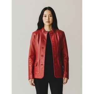 Vintage Marie Louis Cherry Red Genuine Leather Button-Front Jacket. Size 40